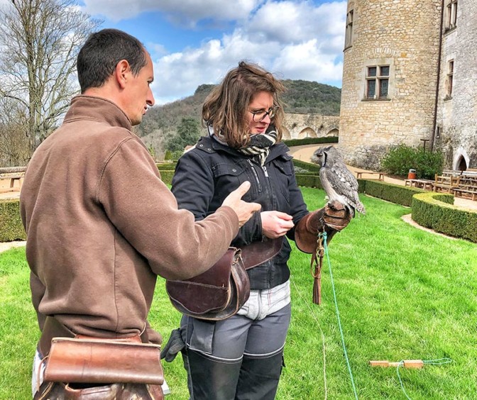 Une séance de fauconnerie dans les jardins du château des Milandes, un rapace sur le gant