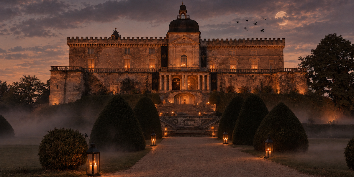Le château de Vayres illuminé de lanternes à la tombée de la nuit, décoré pour Halloween