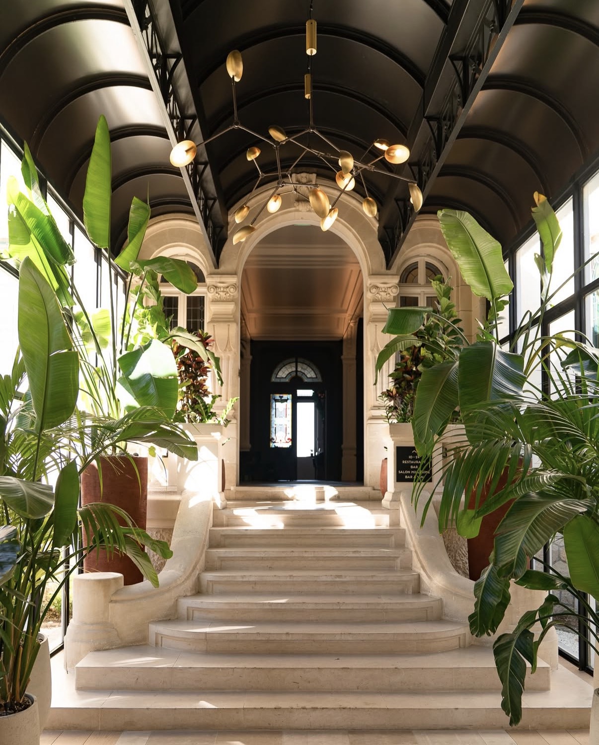 Escalier intérieur du Château Grand Barrail, verrière et plantes tropicales